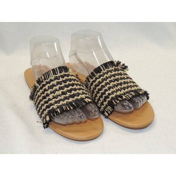 J Crew Factory Black Natural Raffia Flat Beachy Boho Slides Sz. 8.5 - Picture 2 of 5